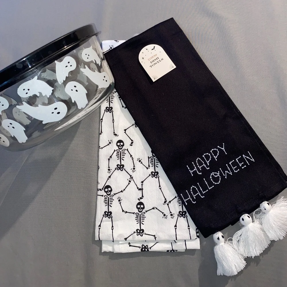 Halloween Bundle HYDE AND EEK Ghost Clear Glass Lg Storage Bowl, NWT Towel Set
